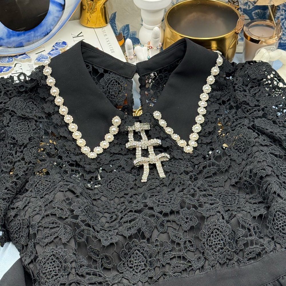 🆕 SELF PORTRAIT 🧿 NWOT Black Guipure Diamante Lace Mini Dress - Sz UK 10 US 6 - Picture 14 of 16